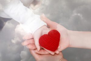 121314323 un primer plano de manos adultas femeninas sosteniendo una palma infantil con un corazon de punto