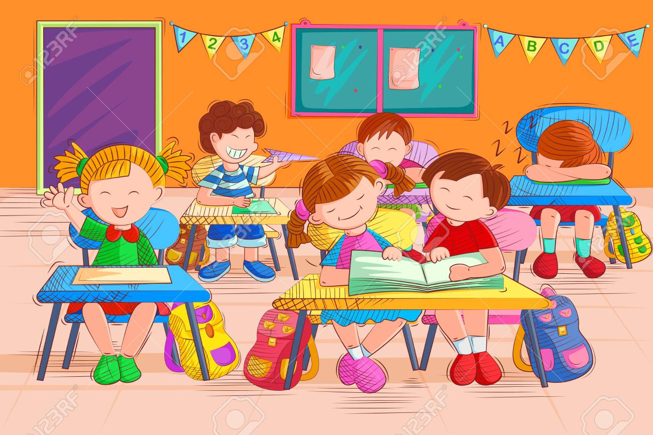 Niños leyendo cuentos ilustrados en clase