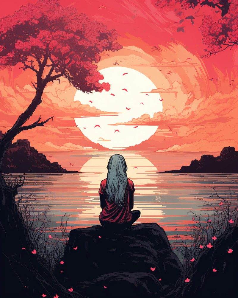 Mujer contemplando el atardecer en silencio