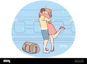 feliz abrazo pareja reunirse en la estacion de tren chica sonriente abrazo chico bienvenida cerca del tren relacion de larga distancia ilustracion vectorial 2t5pm49