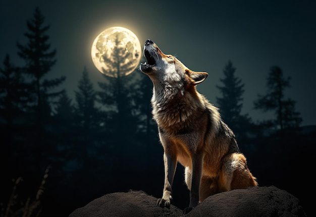 Lobo aullando a la luna en bosque