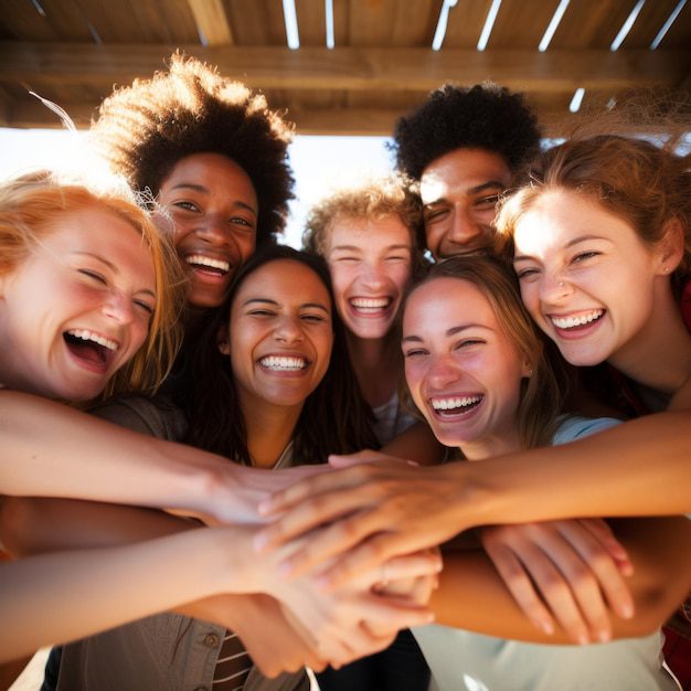 Grupo de amigos riendo y abrazándose