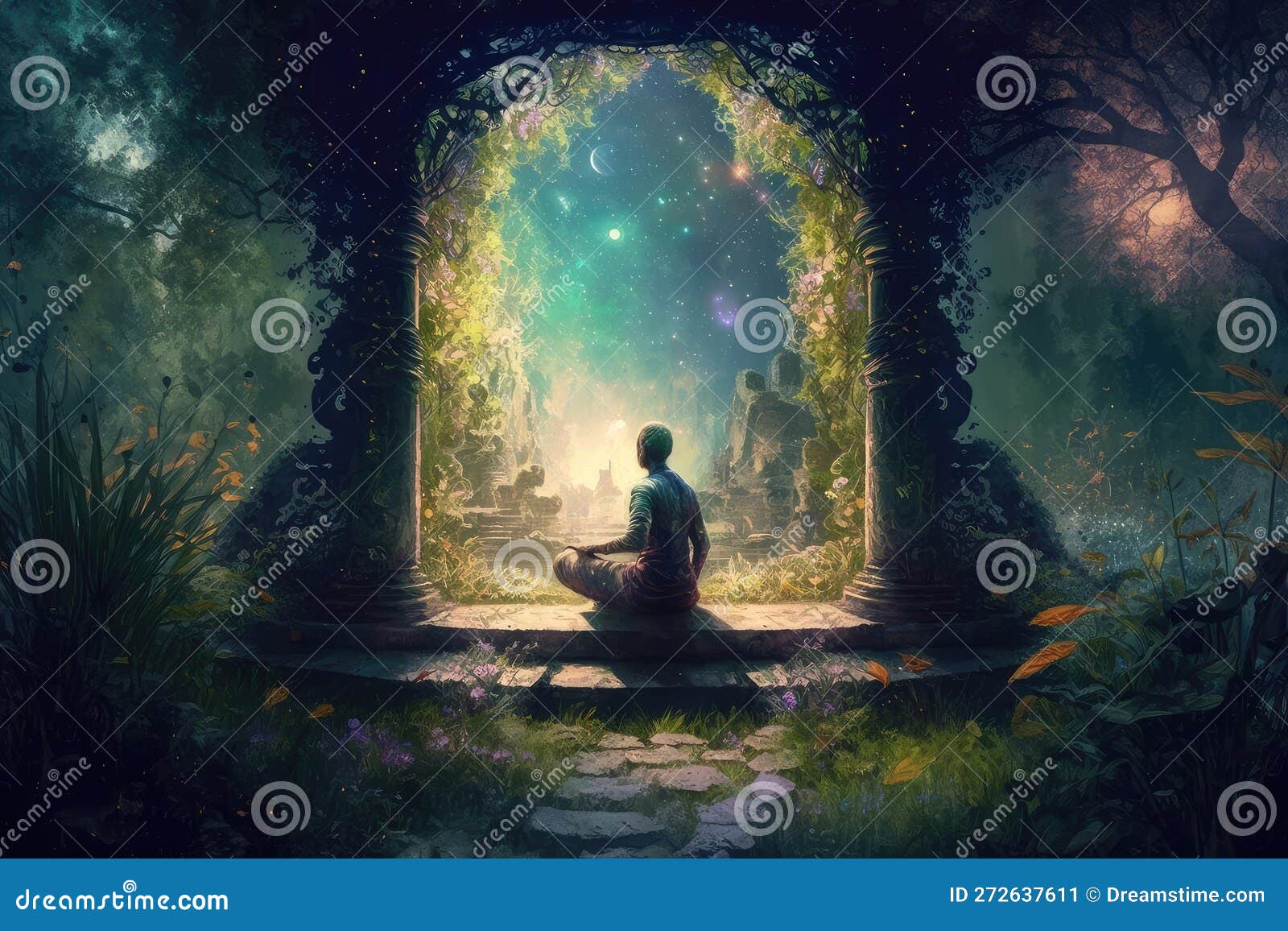 Persona meditando en un jardín tranquilo