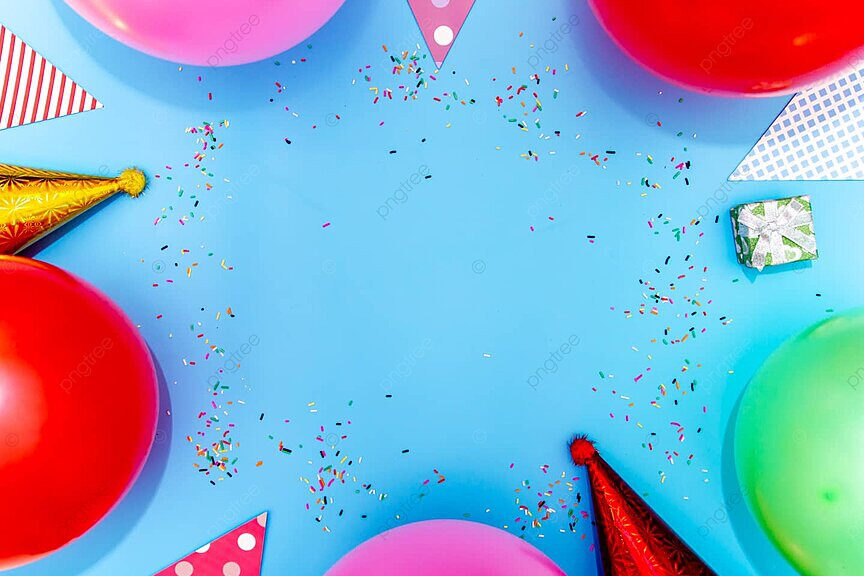 una imagen colorida con globos y confeti en tonos vibrantes