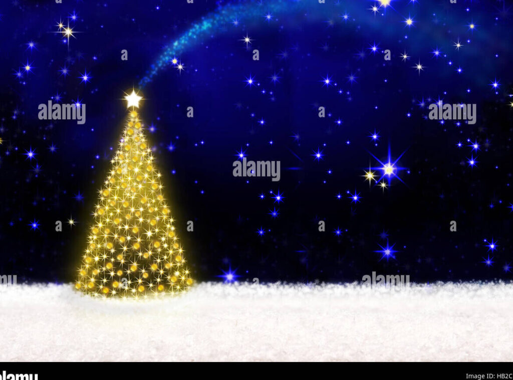 una imagen con un cielo estrellado y un arbol de navidad iluminado en primer plano