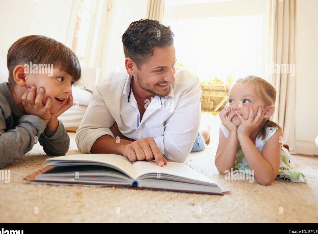 una imagen con una familia feliz leyendo juntos en un acogedor rincon de lectura