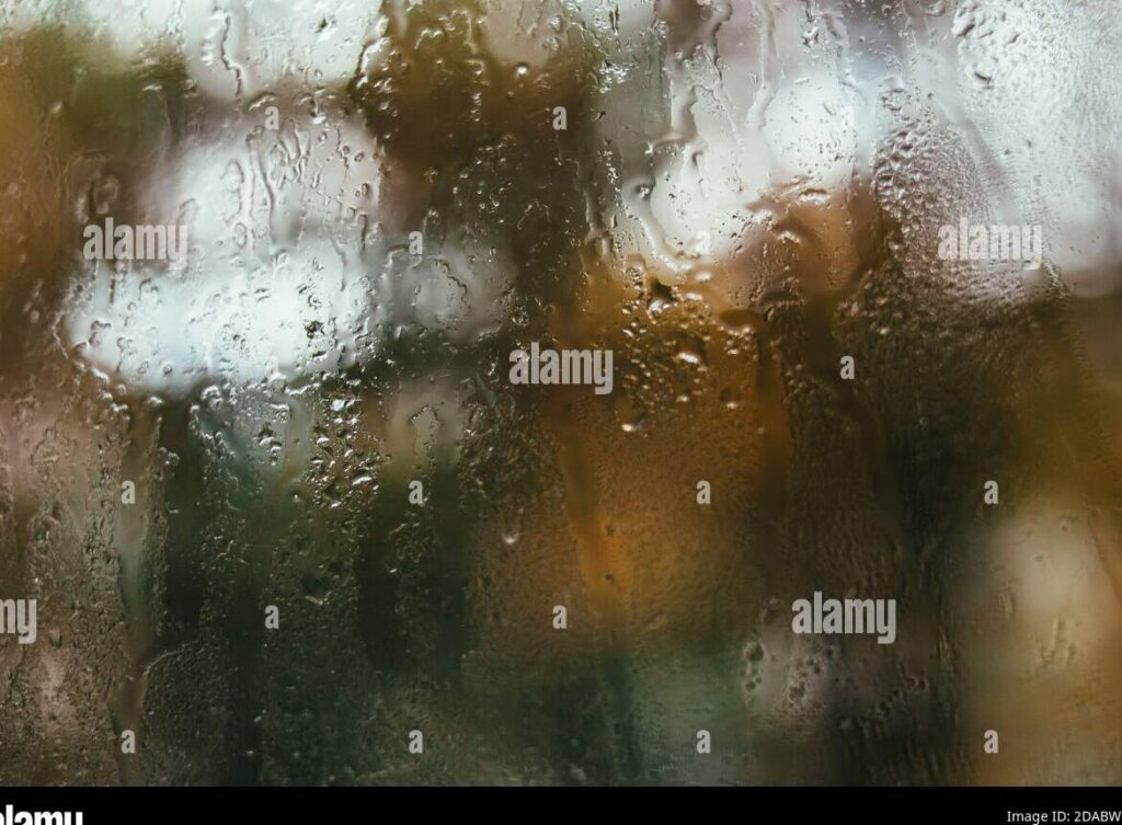 una imagen de dos personas mirandose melancolicamente a traves de una ventana lluviosa