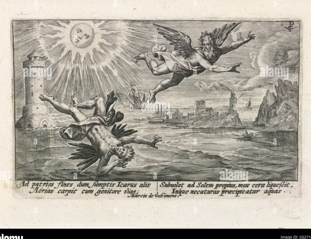 una imagen de icaro volando demasiado cerca del sol con sus alas de cera derritiendose