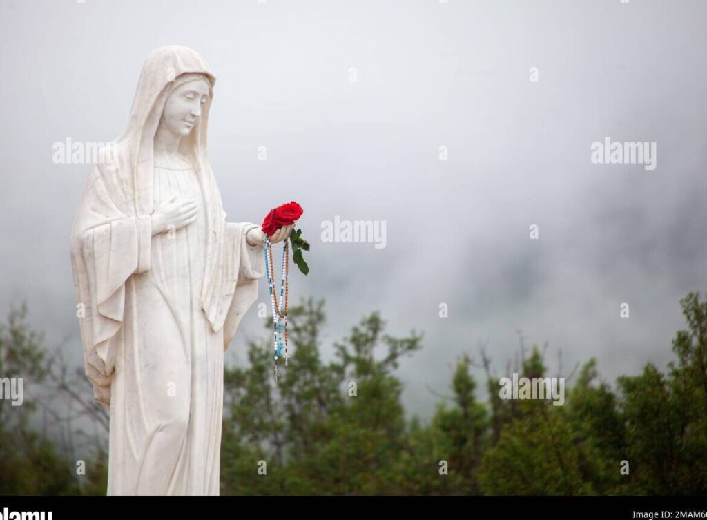 una imagen de la virgen maria rodeada de rosas blancas y una luz brillante detras de ella