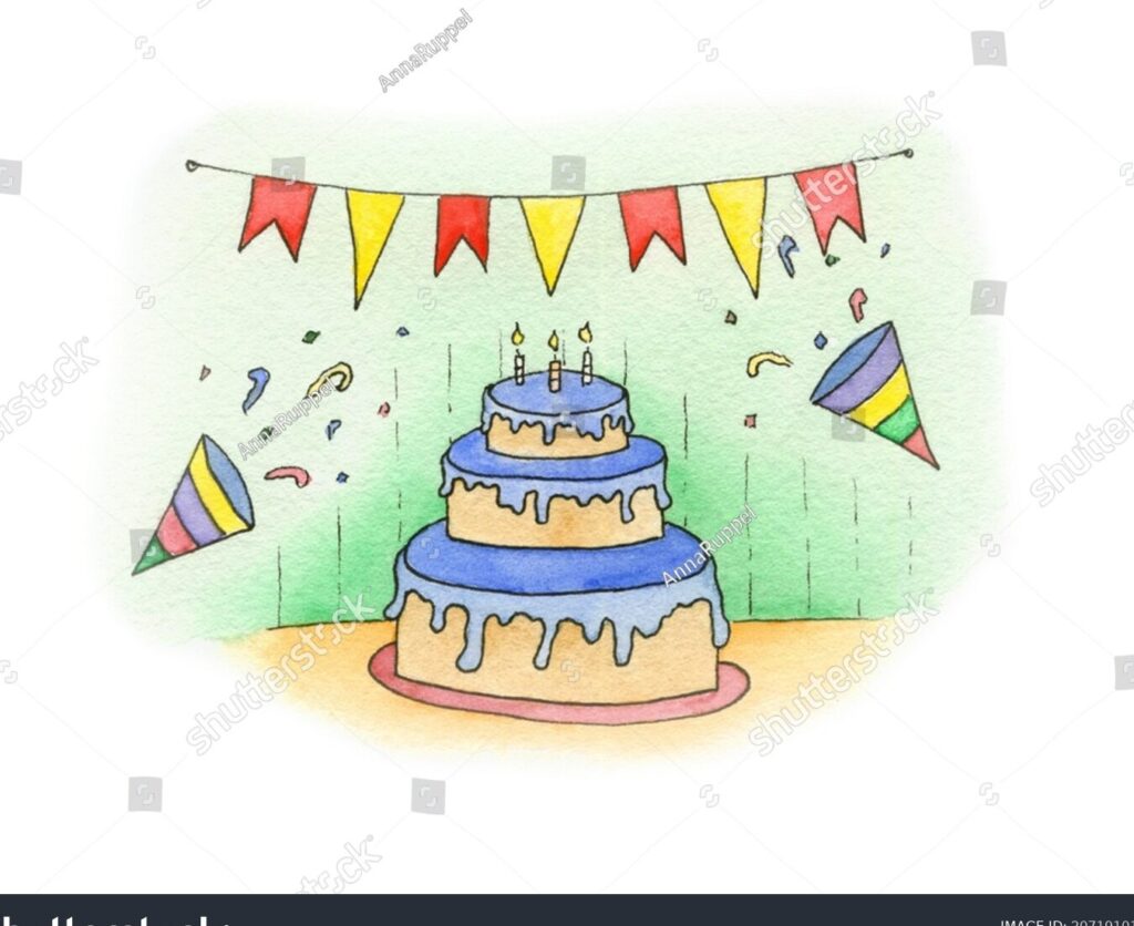 una imagen de un abogado sonriente con un pastel de cumpleanos y globos de colores