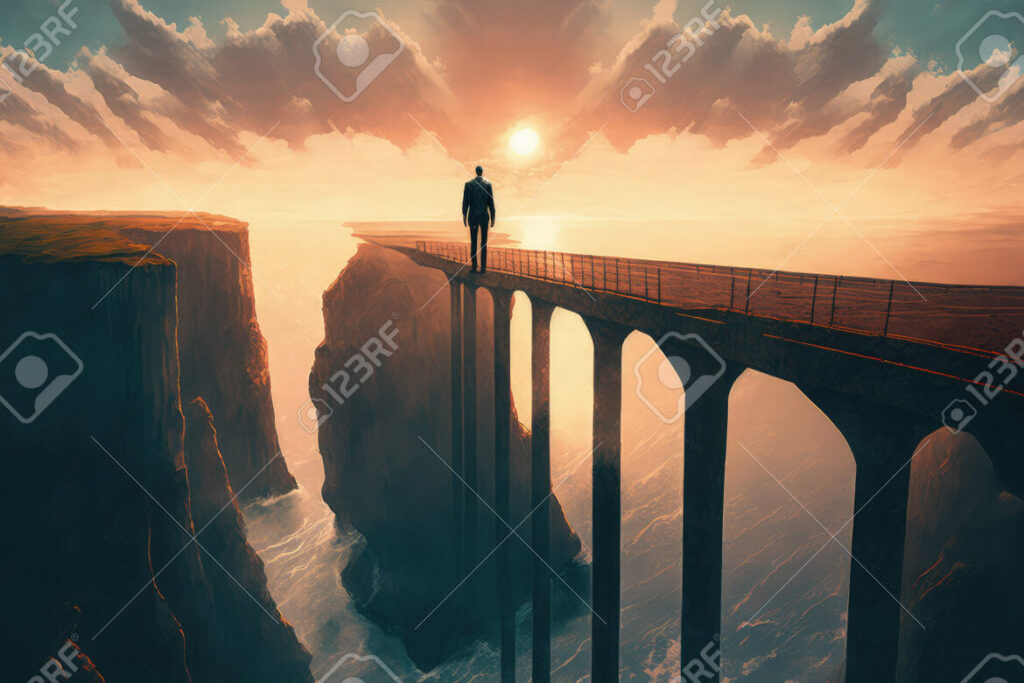 una imagen de un amanecer con tonos calidos y una figura humana de pie mirando hacia el horizonte
