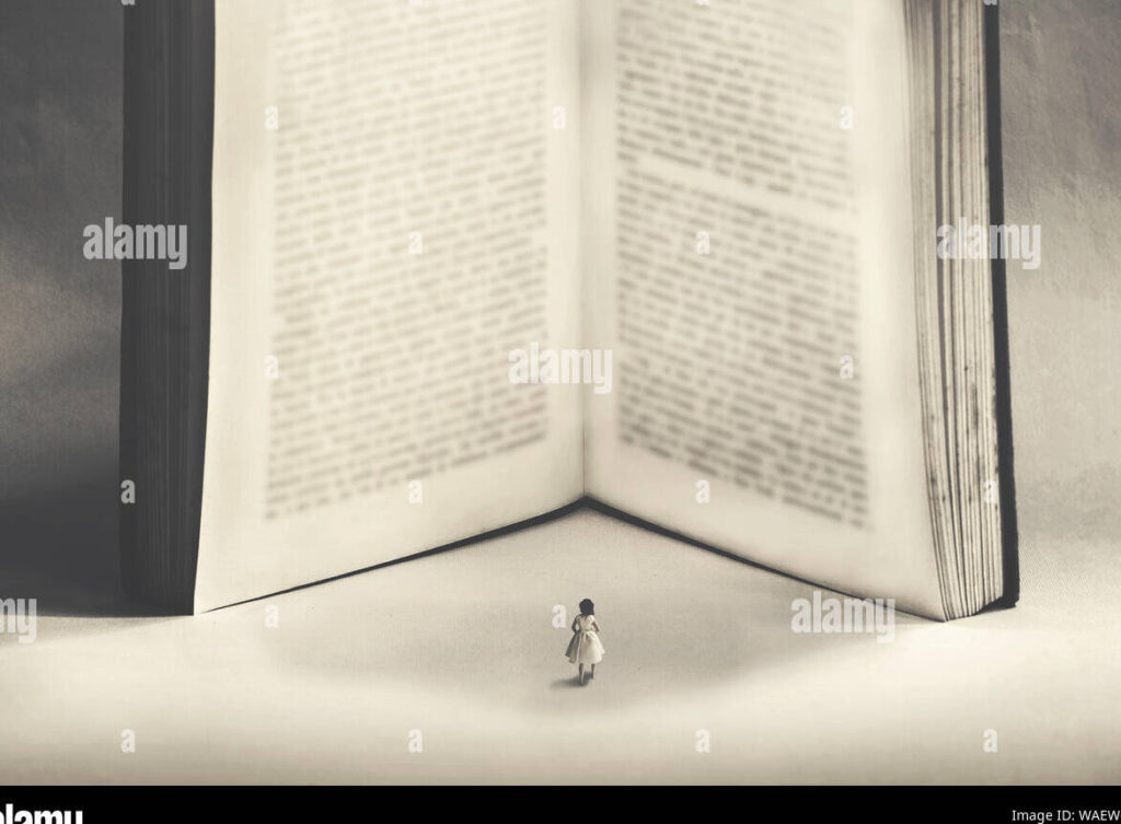 una imagen de un libro abierto con paginas volando alrededor y una pequena figura humana caminando entre las palabras
