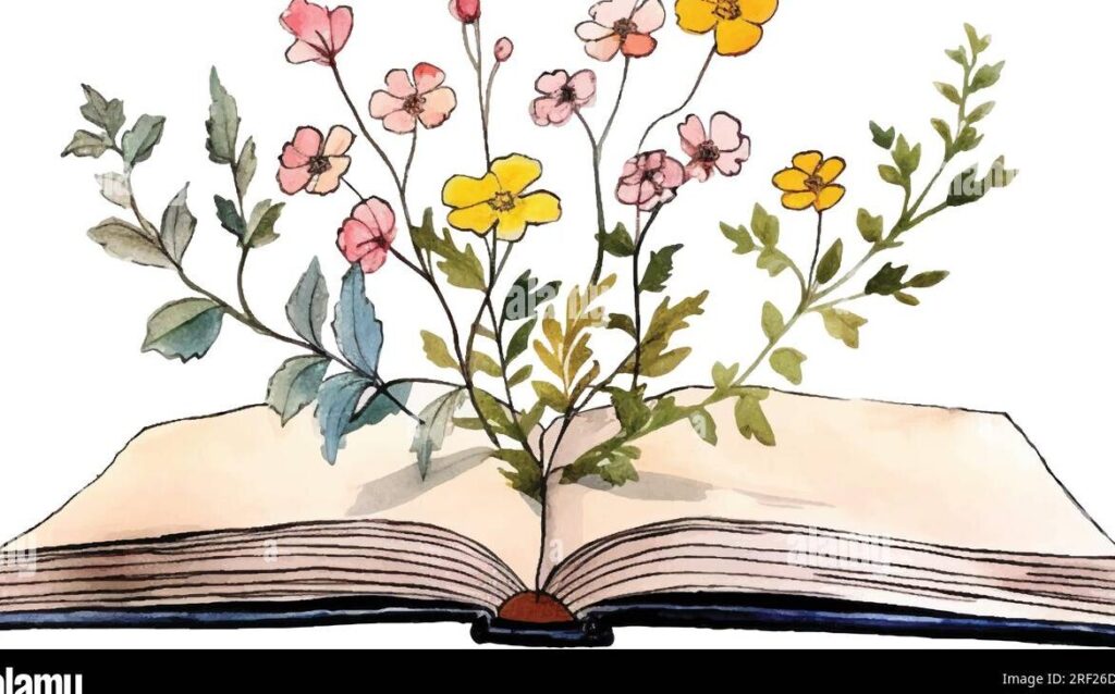 una imagen de un libro abierto con un lapiz y una libreta rodeados de hojas y flores