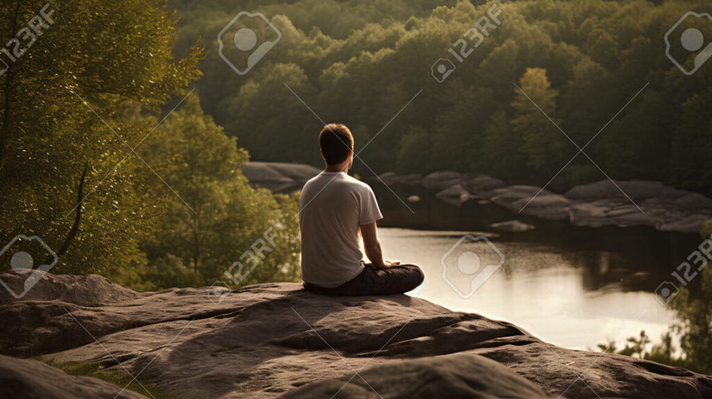 una imagen de un paisaje tranquilo con una persona meditando en primer plano