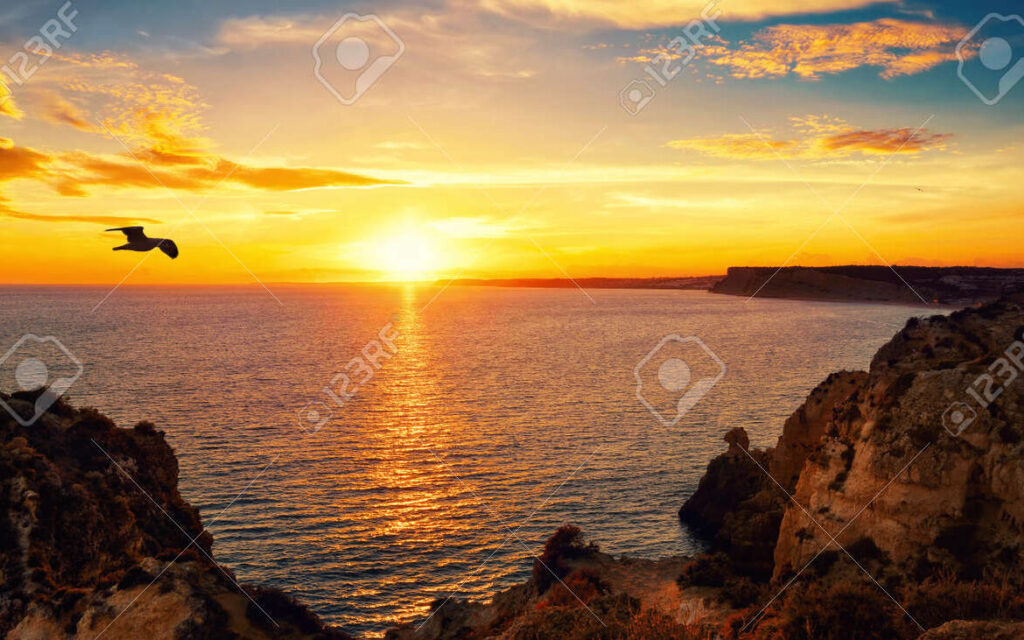 una imagen de un paisaje tranquilo con una puesta de sol en el horizonte