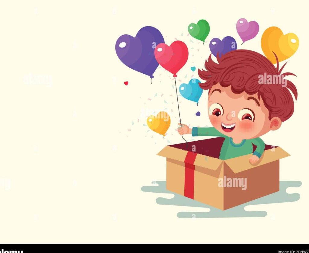 una imagen de una caja de regalo abierta con varios objetos coloridos saliendo de ella