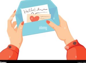 una imagen de una carta escrita a mano con un sobre abierto y un corazon dibujado al lado