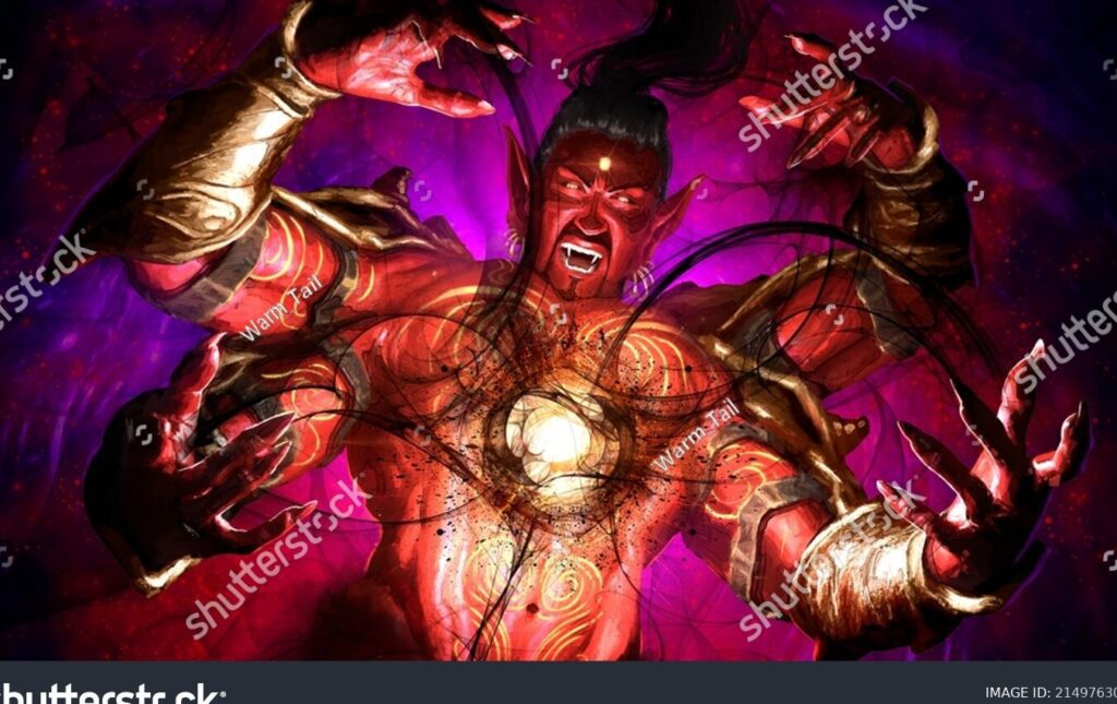 una imagen de una figura demoniaca rodeada de sombras y con una sonrisa malevola en su rostro