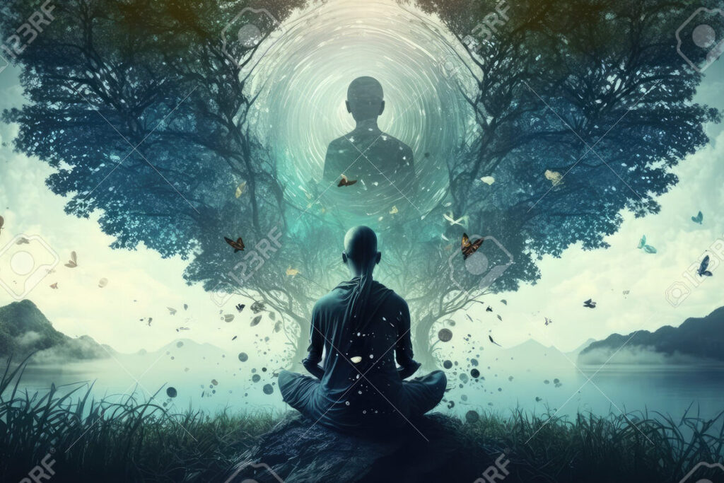 una imagen de una persona meditando en silencio en la naturaleza