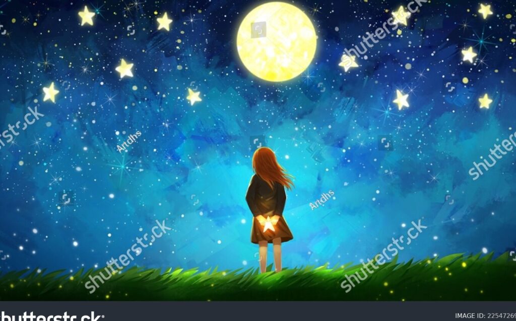 una imagen de una persona mirando la luna y las estrellas en el cielo nocturno