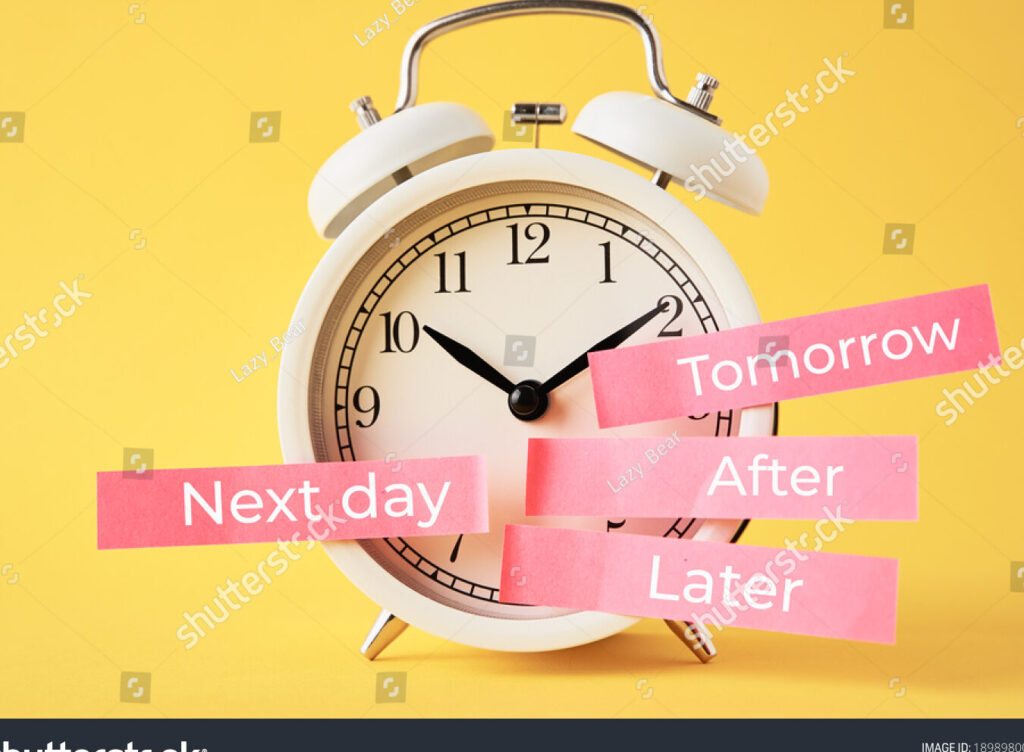 una imagen que represente el concepto de procrastinacion como un reloj con una fecha que se va postergando