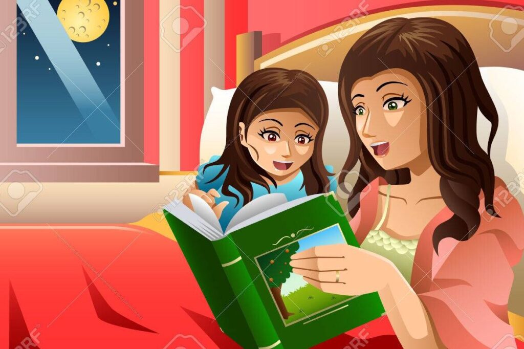 una madre leyendo un cuento a su hija antes de dormir