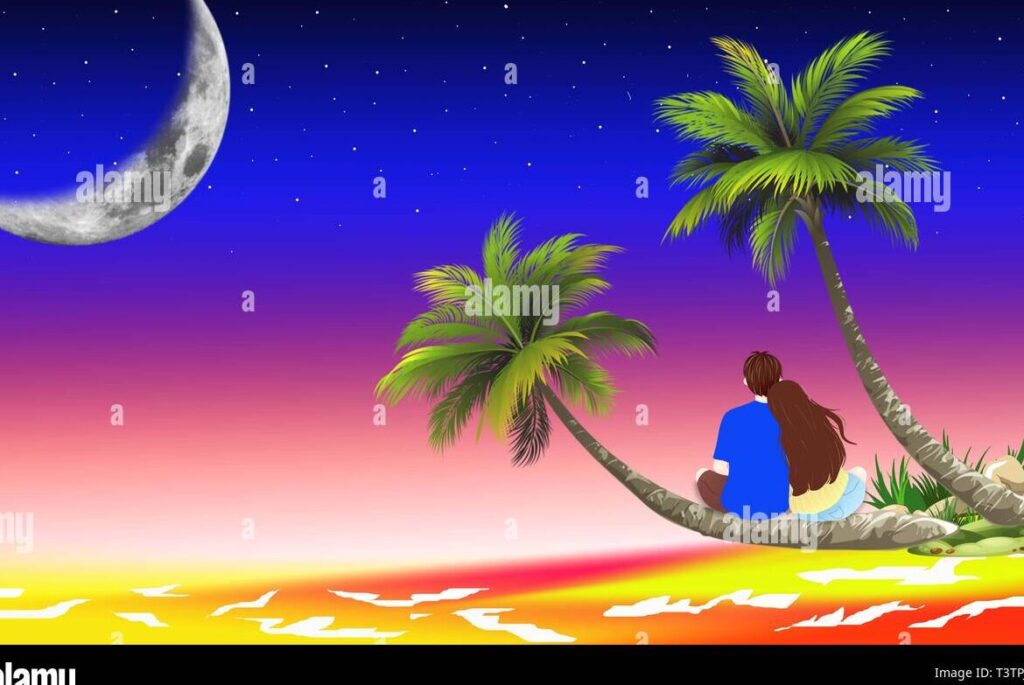 una pareja abrazada bajo la luz de la luna en la playa