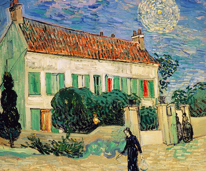 una pintura de vincent van gogh con su iconica casa en el fondo