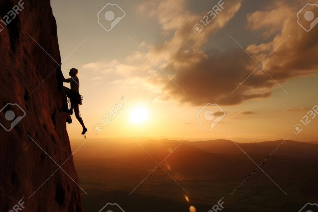 una silueta de una persona escalando una montana empinada